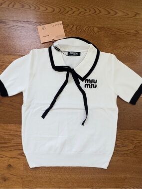 Miu Miu White Knit Polo Top with Black Trim